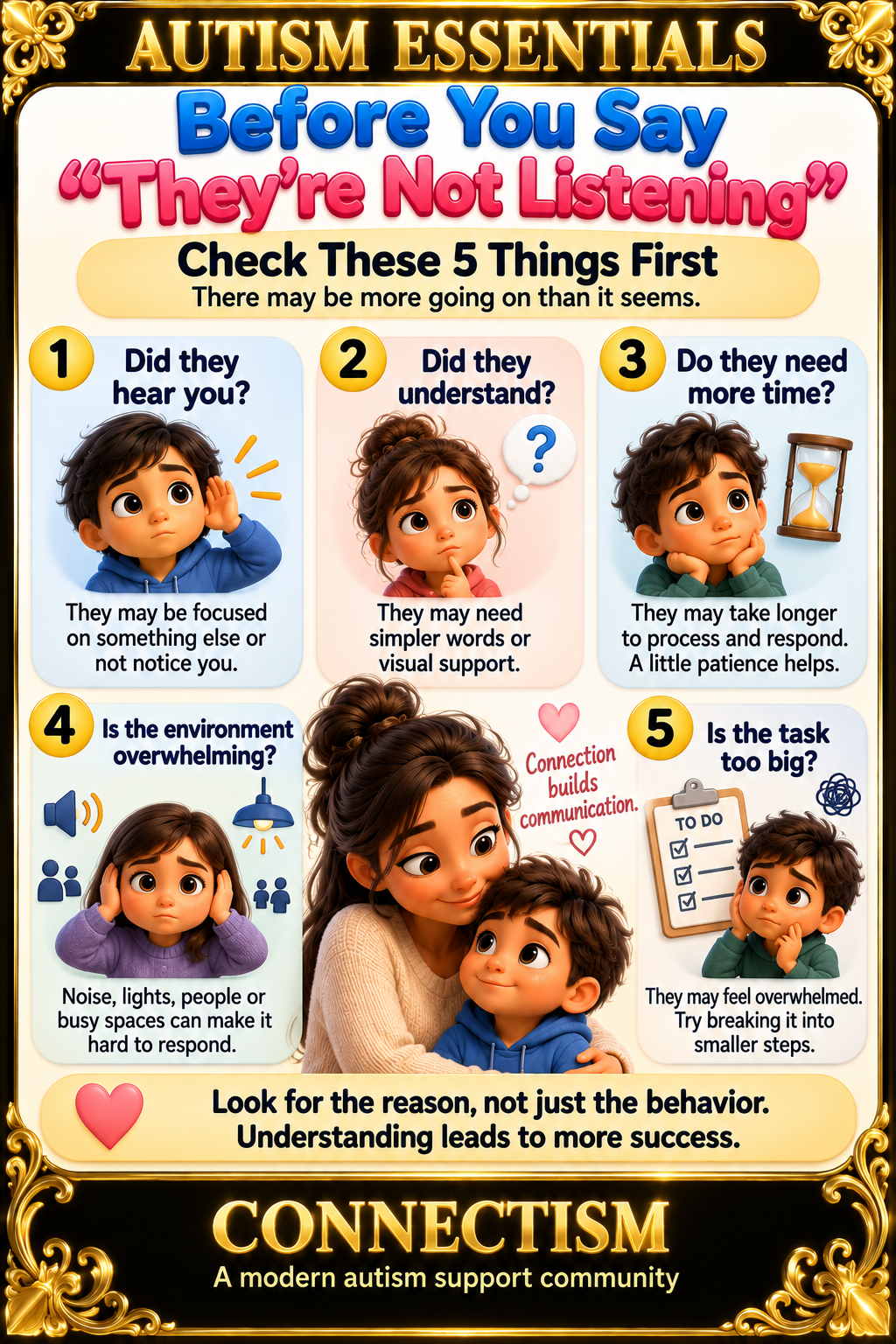 Autism parenting infographic explaining five reasons an autistic child may appear not to listen, including attention, understanding, processing time, sensory overload and task difficulty.