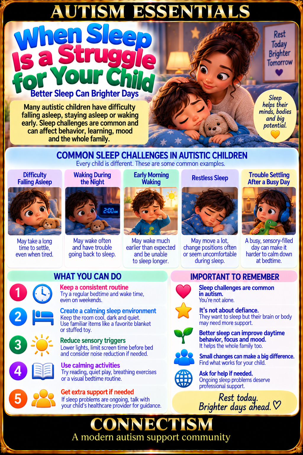 Connectism infographic explaining common sleep difficulties in autistic children and supportive strategies such as consistent routines, calming environments, reduced sensory triggers, and bedtime activities.