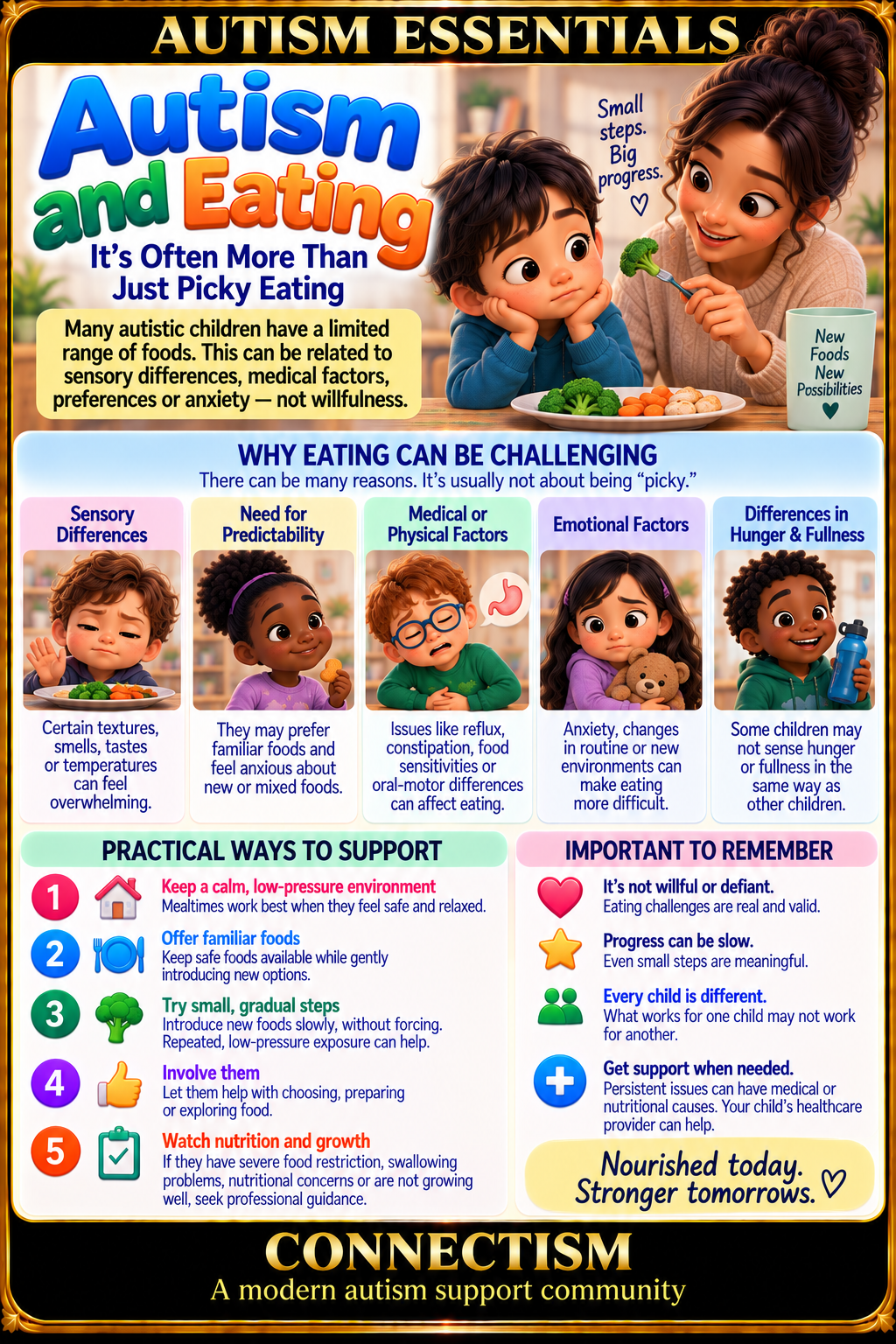 Connectism infographic explaining why eating can be challenging for autistic children, including sensory differences, predictability, medical factors, anxiety, and differences in hunger and fullness signals.
